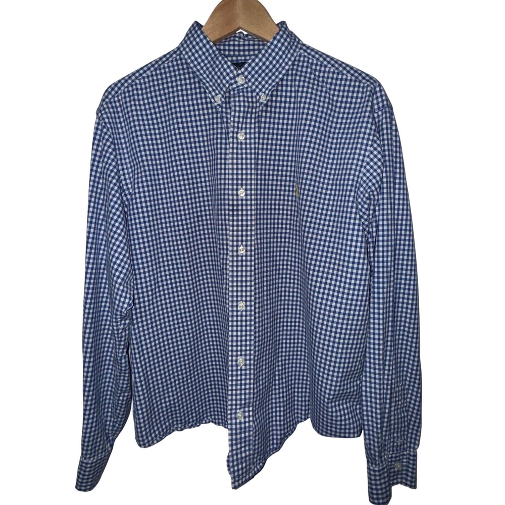 Ralph Lauren‎ Mens Gingham Button Down Shirt Blue White Classic Fit Large Preppy